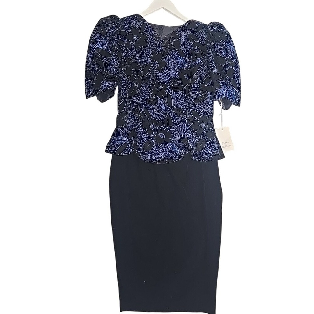 Scott‎ McClintock Vintage Velvet 80s Prom Dress Floral Black Blue Metallic